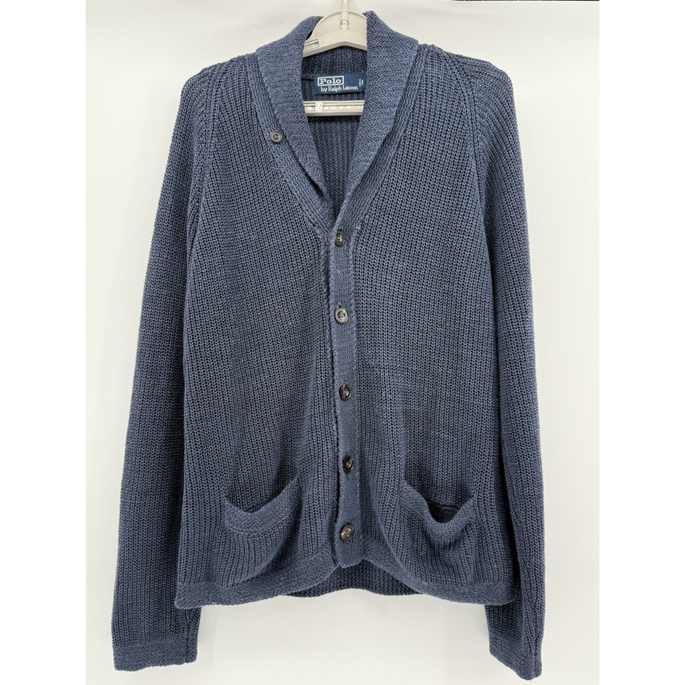 VTG POLO RALPH LAUREN 100% LINEN‎ SHAWL COLLAR CARDIGAN MENS COLOR INDIGO BLUE M